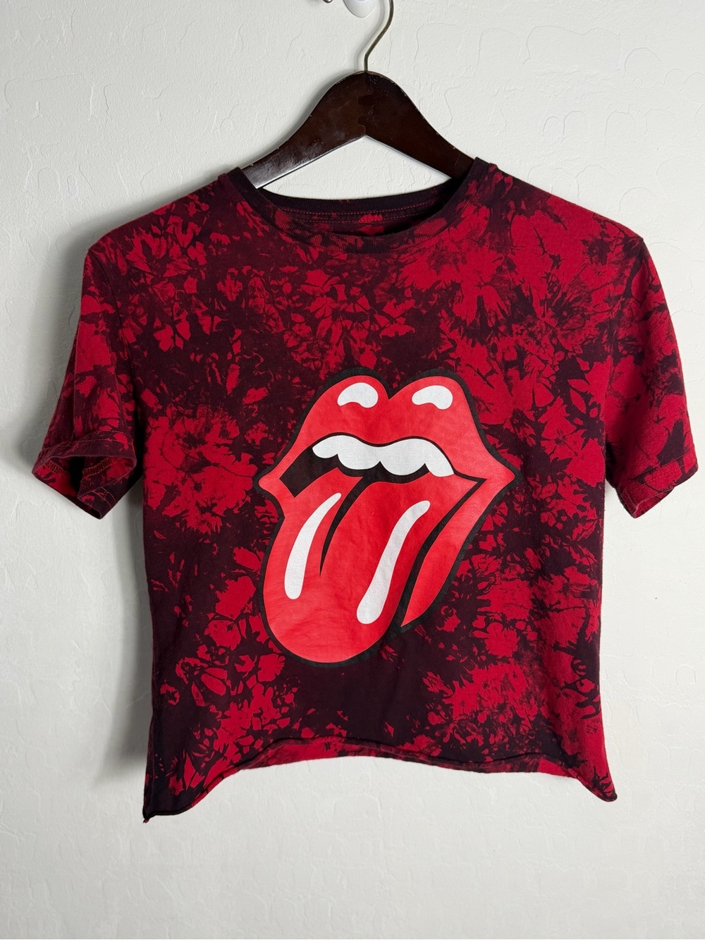 the Rolling Stones Red and Black Tie-Dye Kids Graphic Tee with Tongue Logo